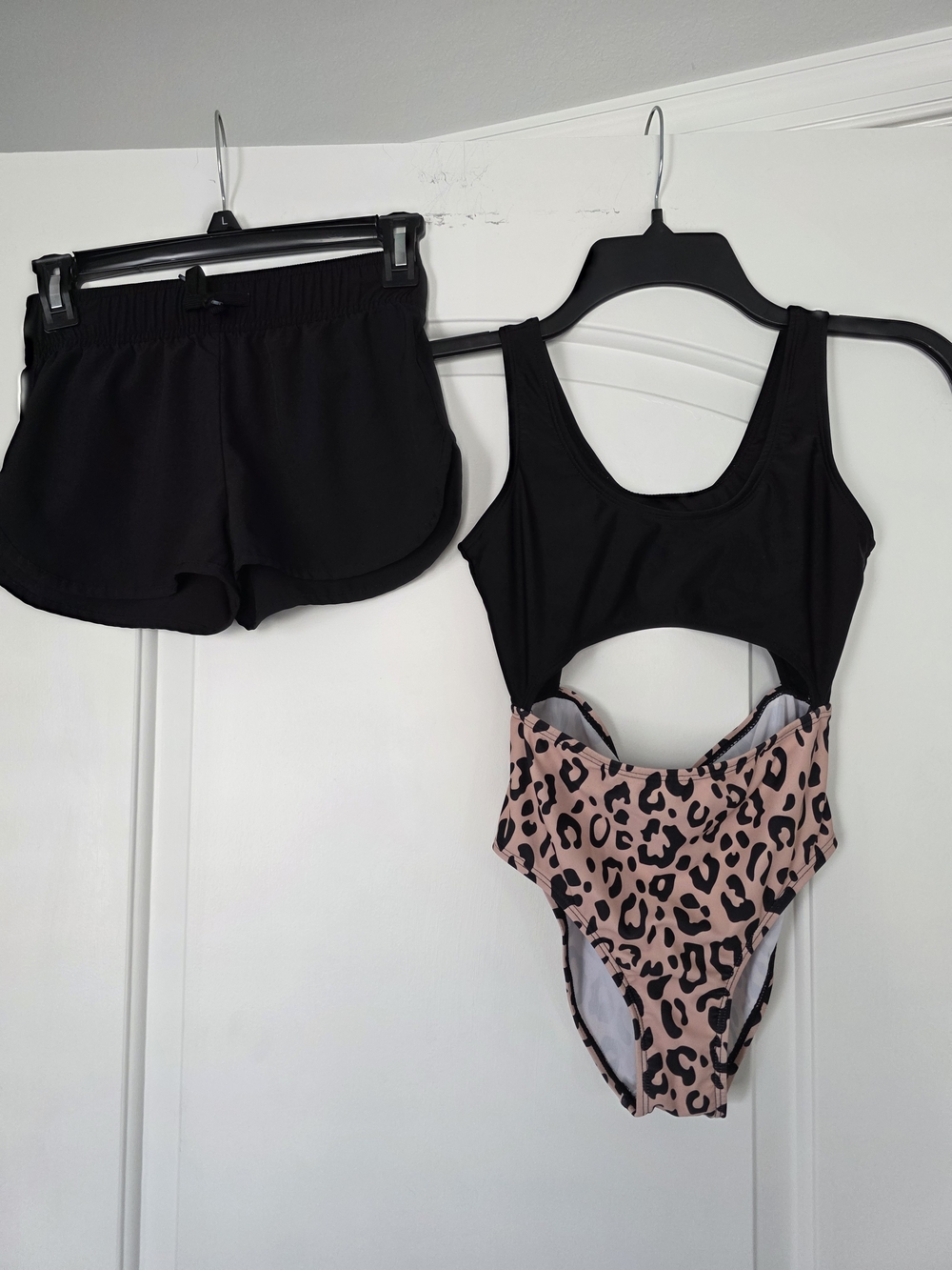 Black Tank One-Piece with Beige Leopard High-Waist Bottom + Black Shorts